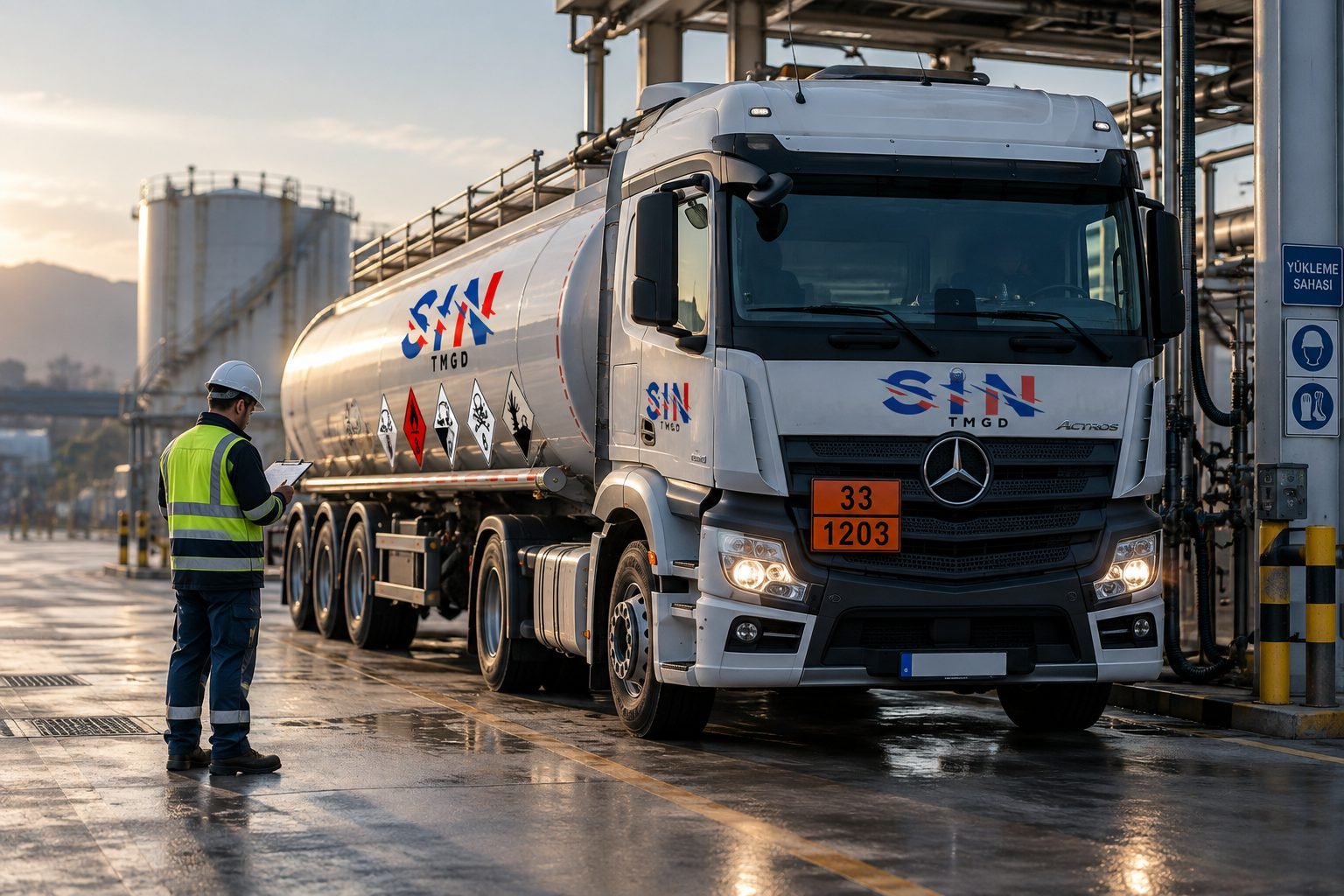 Turuncu tehlike levhalı tanker aracını kontrol eden denetçi